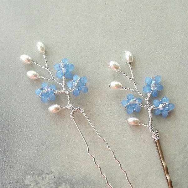 Something blue forget me not hair clip, Flower bobby pin, Wedding hair grip, Bridesmaid headpiece, Flower headdress