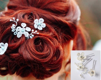 Beaded flower bridal pearl hair pin, White or Cream hair accessory, Bridesmaid headpiece, Flower headdress