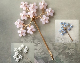 Bridal pink blue or white hair grip, Crystal bobby pin, Cherry blossom, Something blue, Wedding accessory