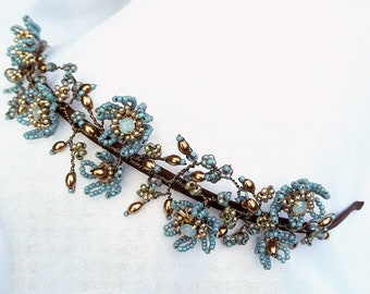 Dusty blue bronze beaded flower bridal tiara, Something blue, Wedding headdress, Floral headpiece, Head band