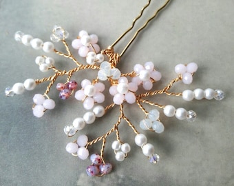 Spring flower spray bridal hair pin, Pale pink crystal, White pearl, Bridesmaid, Wedding hair accessory