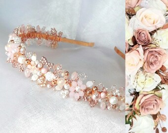 Rose gold blush pink tiara headband, Bridal headpiece, Floral tiara, Wedding headdress