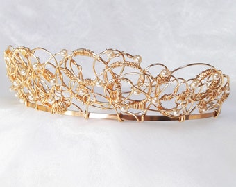 Gold and white pearl crown tiara, Baroque headdress, Bridal crown, Wedding headpiece, Medieval style hair accessory