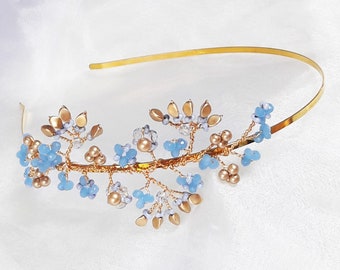 Blue and gold side tiara, Crystal flower headband, Bridal tiara band, Something blue headdress, Wedding hair crown