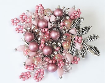 Pink beaded flower brooch pin, Silver leaf brooch, Easter gift, Mothers Day gift