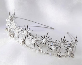 Silver star bridal crown tiara, Wedding headdress, Celestial hair accessory, Crystal headpiece