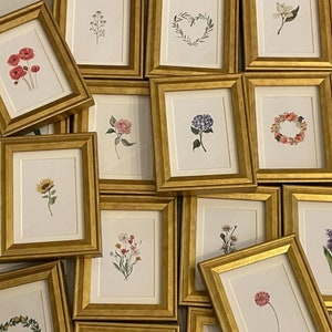 Small Framed Art, Vintage Flower Botanical Gold Frame Watercolor Print, Mini Art, Hostess Gift,  Shabby Chic Cottage, Shelf Decor