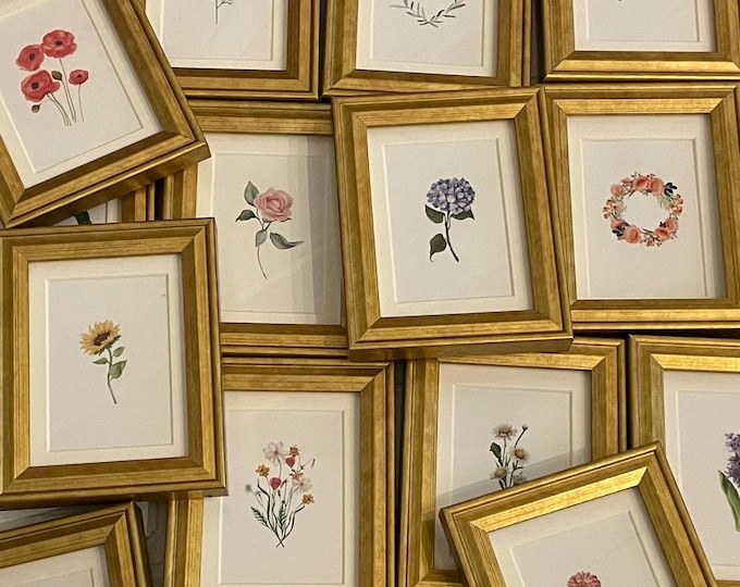 Kleine gerahmte Kunst, Vintage Blumen botanische Goldrahmen-Aquarelldruck, Mini Art, Gastgeschenk, Shabby Chic Cottage, Regaldekor