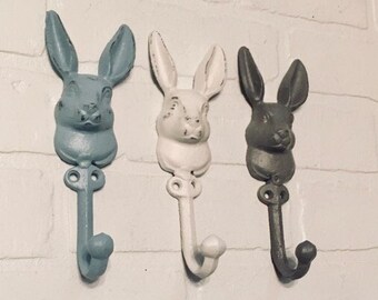 Rabbit Triple Wall Hook Cast Iron White Bunny Hare Hanger Rack