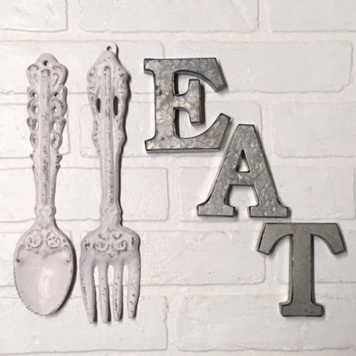 Kitchen Wall Decor White Fork and Spoon Utensils Farmhouse Rustic Cast Iron 