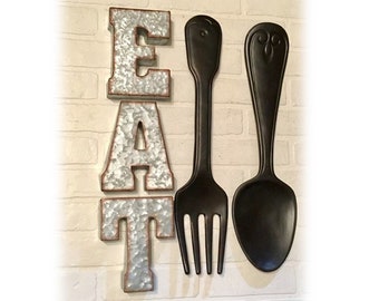Brushed Stainless Steel Fork Knife Spoon Kitchen Wall Art kitchen wall decor farmhouse kitchen eat sign the shabby store kitchen wall art fork and spoon rustic kitchen