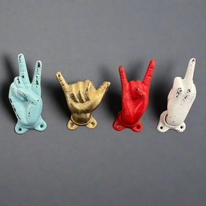 Hand Wall Hook – Unique Decorative Hook in 18 Colors | Rock On, Peace, Middle Finger, Hang Loose | Metal Wall Hook for Coats, Towels & Bags