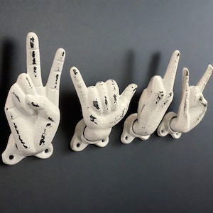 Hand Wall Hook – Unique Decorative Hook in 18 Colors | Rock On, Peace, Middle Finger, Hang Loose | Metal Wall Hook for Coats, Towels & Bags