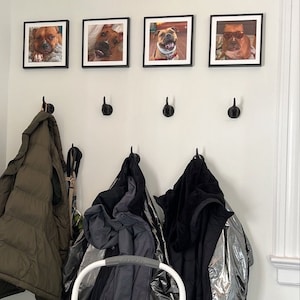 May include: Four framed photos of dogs with black frames hanging on a white wall. Three black hooks are on the wall below the photos. Three jackets hang on the hooks.