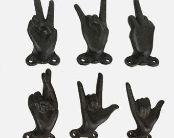 Cast Iron Hand Gesture Wall Hook, Customizable Colors