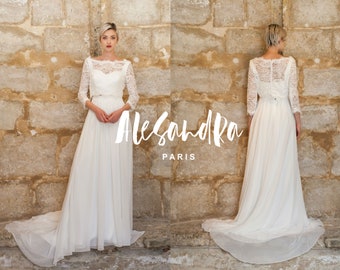 Long sleeves wedding dress/ Lace crop top with 3/4 sleeves/ long chiffon skirt/ Robe de mariée deux pièces HAZEL & CHARLOTTE