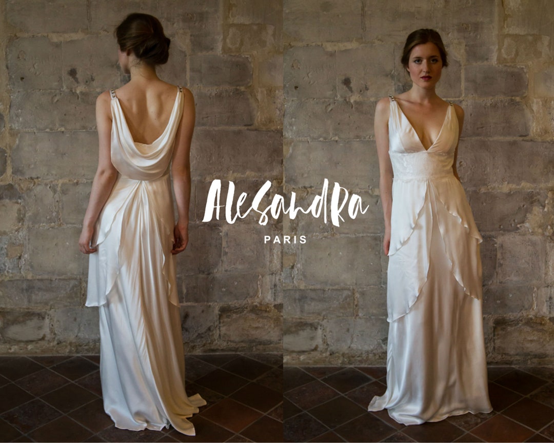 Silk Wedding Dress/ Great Gatsby Wedding Dress/ Low Back V Neck Bias
