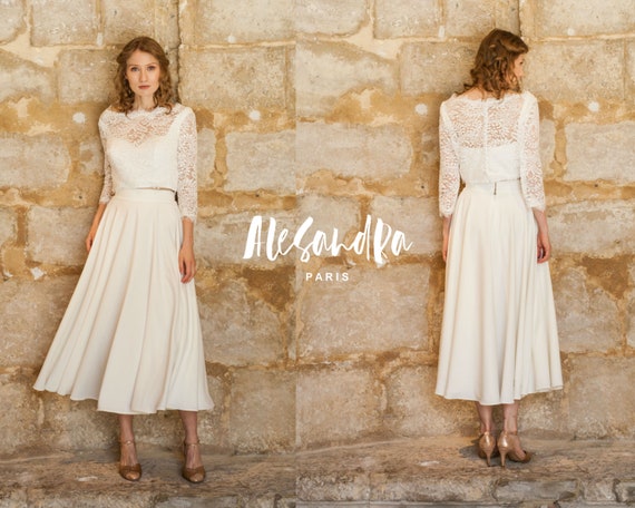 Hazel Ruth Two Piece Short Wedding Dress Lace Crop Top Etsy