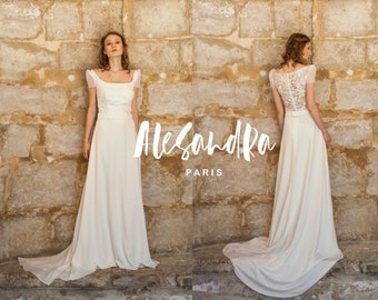 Square neck lace wedding dress/ boho chic/ crepe dress with short sleeves/bias cut dress/ robe de mariée champêtre EMMA