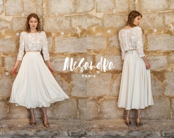 Short lace wedding dress/ long sleeves lace crop top/ tea length wedding skirt crepe/ Hochzeitskleid/ Robe de mariée civil DAISY & RUTH