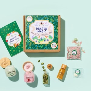 May include: A Dragon Magic Magical Potion Kit for ages 5-10, with a green and brown box, a green book, and various potion ingredients. Includes jars of Dragon's Ash and Fireball Dust, and a bottle of liquid.