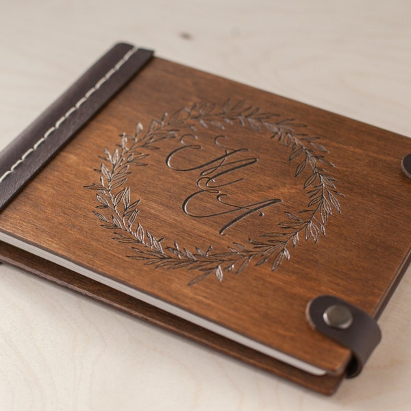 Rustic Style Wedding Personalized Guest Book with Wreath and Your Name in Leather Bound Makes a Great Keeper of Guest Memorie Versatile Gift