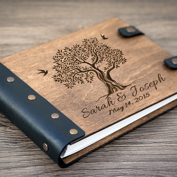 Libro de visitas de boda Árbol genealógico del amor Libro de visitas de madera personalizado Árbol de la vida con pájaros Páginas personalizadas encuadernadas en cuero personalizadas