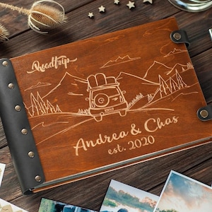Álbum de fotos de aventuras, álbum de recortes de montaña con momentos de viaje personalizados, libro de madera, regalo perfecto para él, álbum de fotos de luna de miel, viajes en coche.