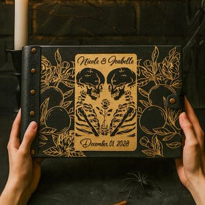 Wedding Guest Book with Skeletons, Gothic Wedding Guest Book, Wood Guest Book Alternative Wedding, Halloween Wedding Guestbook Gothic Decor