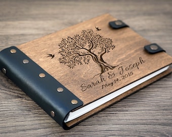 Wedding Guest Book Family Tree of Love Personalized Wooden Guest Book Tree of Life with Birds Custom Leather Bound Personalized Pages