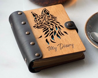 Personalized Wooden Notebook with Fox, Handmade Wood Journal, Unique Notebook with Personalized Lettering and Fox, Custom Engraved Notebook