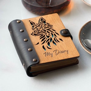 Custom Wooden Notebook with Fox Design, Daily Diary for Notes, Personalized Notebook in Leather Bound, Handmade Wood Journal