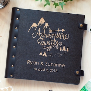 Couples Wooden Photo Album, Adventure Book for Travelers with Mountains Engraving, Personalized Travel Scrapbook, Our Adventure Awaits Book