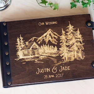 Wooden Adventure Photo Album with Mountain and Lake, Travel Scrapbook Perfect Gift for Him, Forest Wedding Photo Album, Custom Photo Book