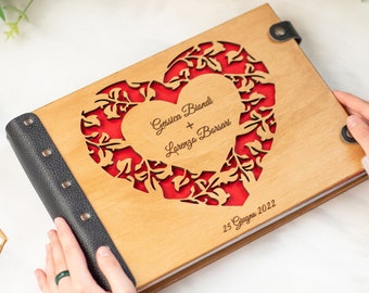 Wedding Guest Book, Heart Guest Book, Wooden Wedding Guestbook Anniversary Gift, Personalized Guest Book Wedding Gift, Engraved Guest Book