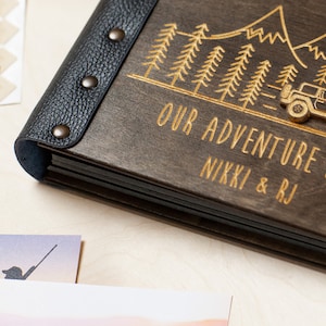 Custom Our Adventure Book, Adventure Awaits Scrapbook Album for Memories, Travel Photo Album with Car and Mountains, Family Travel Gift