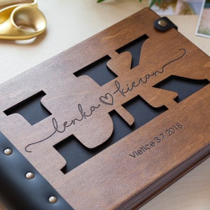 Custom Wedding Photo Album with Engraved Monogram, Wooden Memory Album, Personalized Wooden Wedding Gift Scrapbook, Bespoke Anniversary Gift