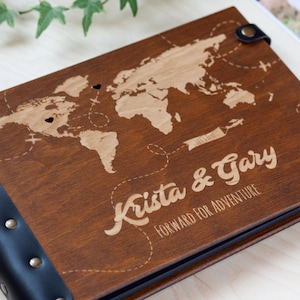 Personalized Photo Album with World Map, Photo Album with Engraving, Wooden Photo Album Personalized, Travel Photo Album Couple Gift