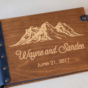 Wooden Photo Album with Mountains Design, Personalized Photo Album for Travel Memories, Unique Photo Book, Travel Gift image 1