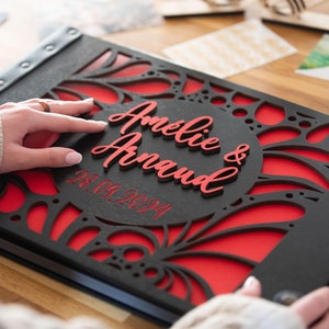 Álbum de fotos de boda personalizado, libro de bodas gótico victoriano, álbum de fotos de madera con nombres en 3D, álbum de recortes de fotos de boda oscuro con tapa de cuero
