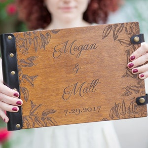Wooden Personalized Wedding Photo Album with Floral Design and Leaves Your Names and Dates for Wedding, Anniversary Gift