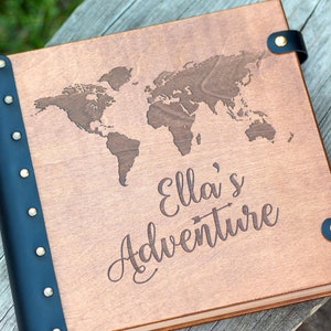 Personalized Travel Photo Album with World Map Engraving, Custom Family Scrapbook Adventure Book, Wood Photo Album for Travel Moments