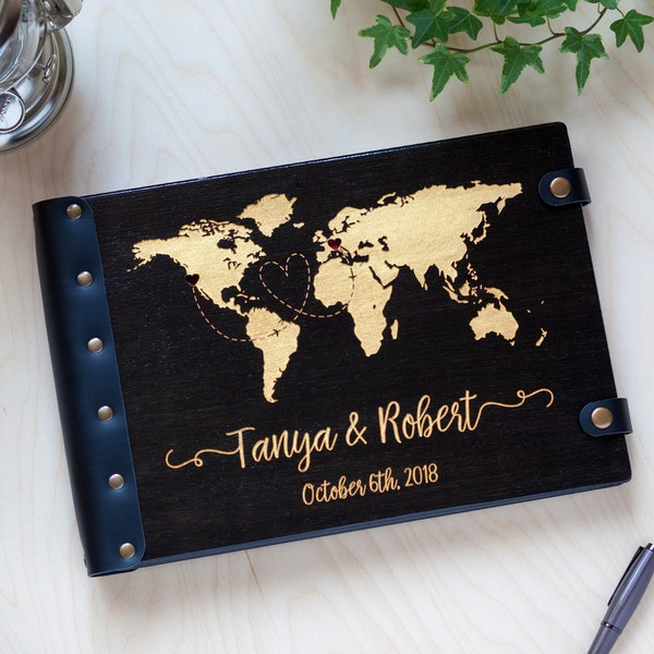 Guest Book World Map, Wedding Guestbook Golden Map, Wooden Guest Book Couple Wedding Gift, Unique Guest Book, Engraved Guest Book