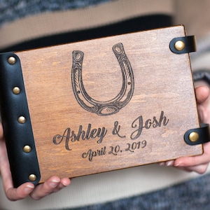 Rustic Horseshoe Wedding Guestbook with Leather Inserts and Personalized Pages for a Celebration or Birthday Gift