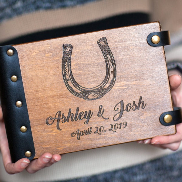 Rustic Horseshoe Wedding Guestbook with Leather Inserts and Personalized Pages for a Celebration or Birthday Gift