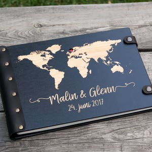 Wedding Guest Book World Map with Heart and Engraved Your Names and Date in Leather Bound Perfectly Preserve Guest Wishes image 2