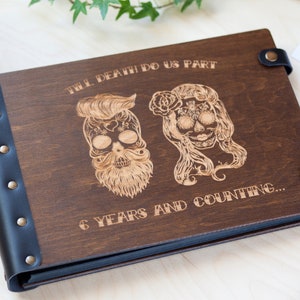 Álbum de fotos de boda gótico, álbum de fotos de madera con calaveras de azúcar grabadas Hasta que la muerte nos separe, álbum de recortes de Halloween, libro de fotos personalizado