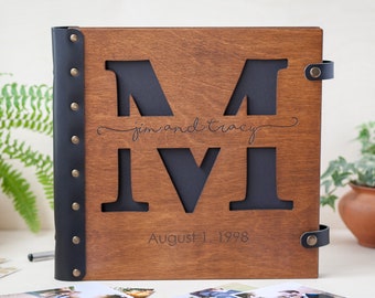 Monogram Photo Album, Personalized Photo Album, Custom Wood Wedding Memory Book with Leather Binding, Anniversary Gift for Wife