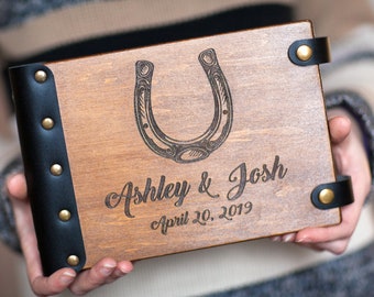 Rustic Horseshoe Wedding Guestbook with Leather Inserts and Personalized Pages for a Celebration or Birthday Gift