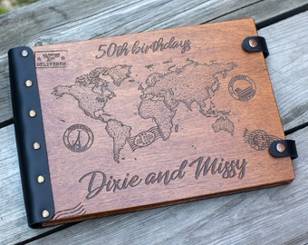 World Map Photo Album, Wood Photo Album Adventure Awaits, Travel Scrapbook Our Adventure Book, Wedding Photo Album Great Anniversary Gift